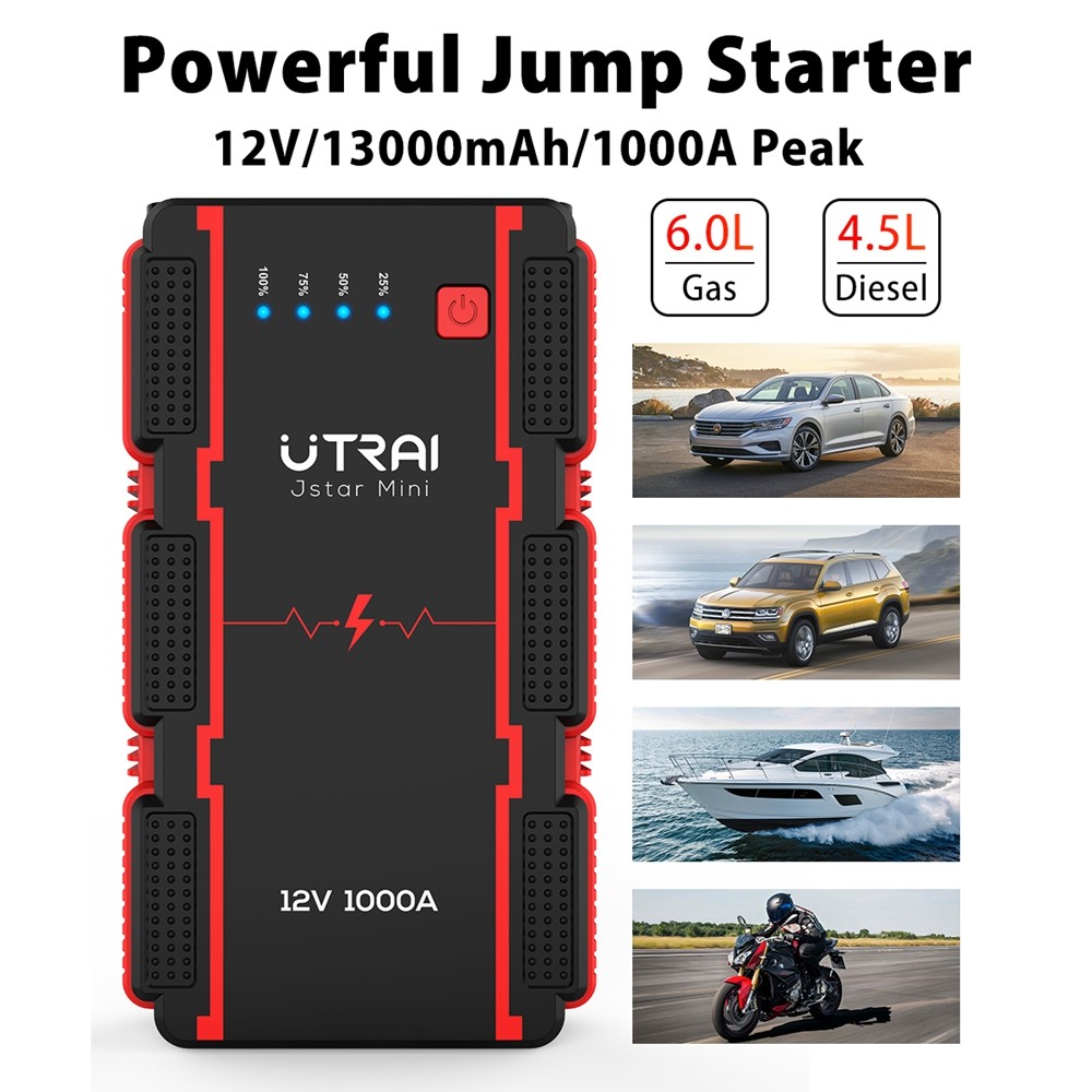 UTRAI Jstar Mini 13000mAh 1000A Jump Starter, два выхода USB Power Bank, яркий светодиодный фонарик, более безопасный аккумуляторный зажим