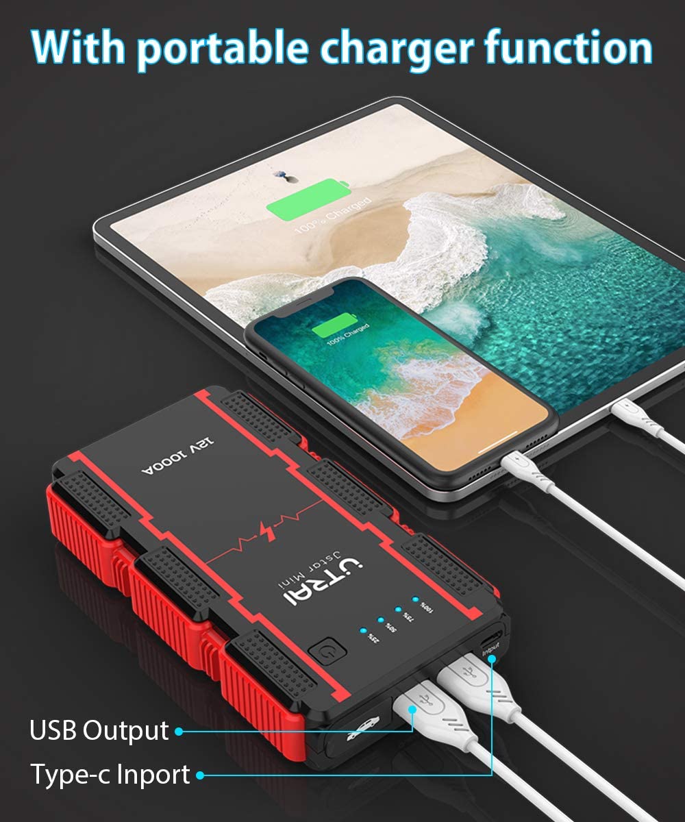 UTRAI Jstar Mini 13000mAh 1000A Jump Starter, два выхода USB Power Bank, яркий светодиодный фонарик, более безопасный аккумуляторный зажим