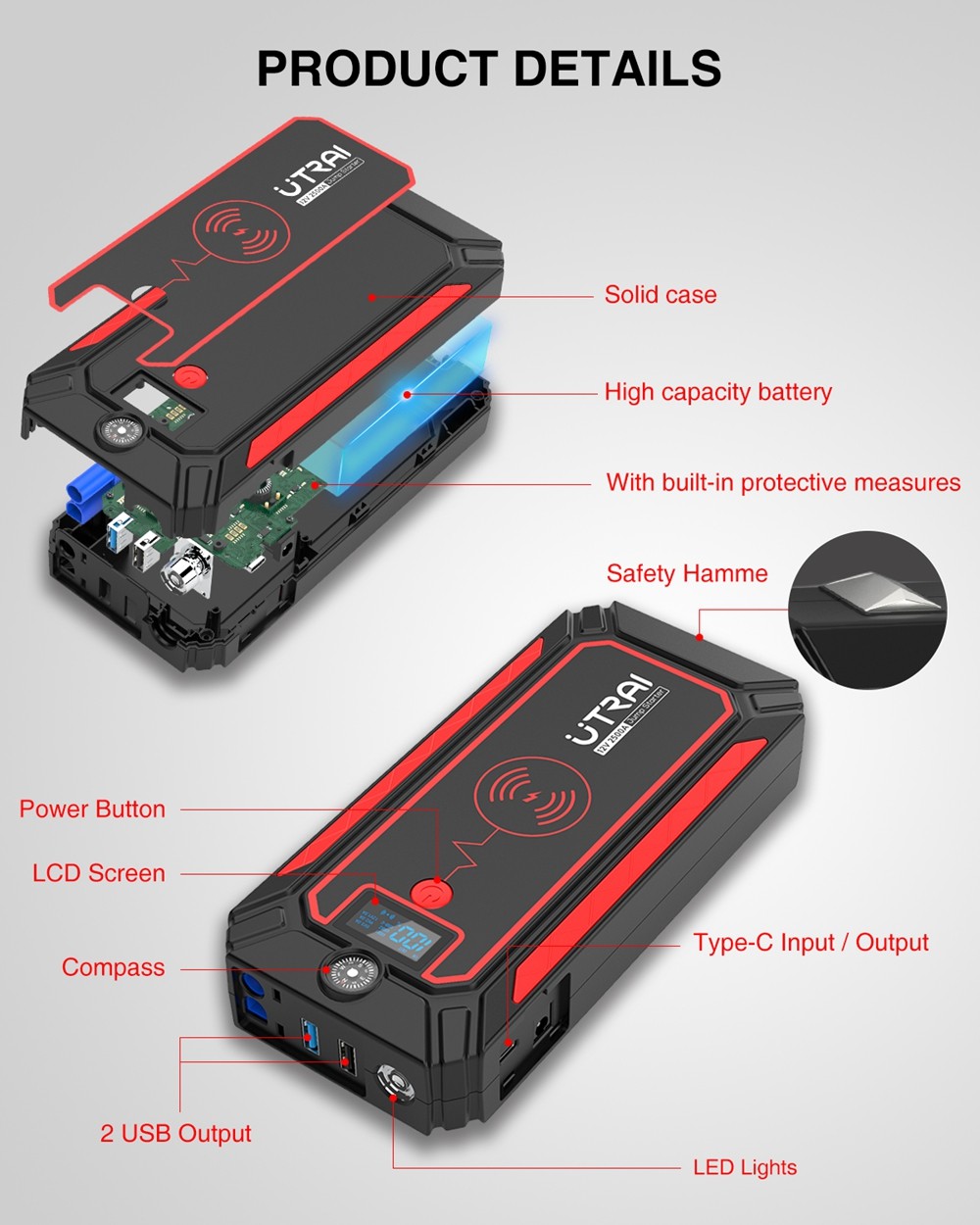 UTRAI Jstar Mini 13000mAh 1000A Jump Starter, два выхода USB Power Bank, яркий светодиодный фонарик, более безопасный аккумуляторный зажим