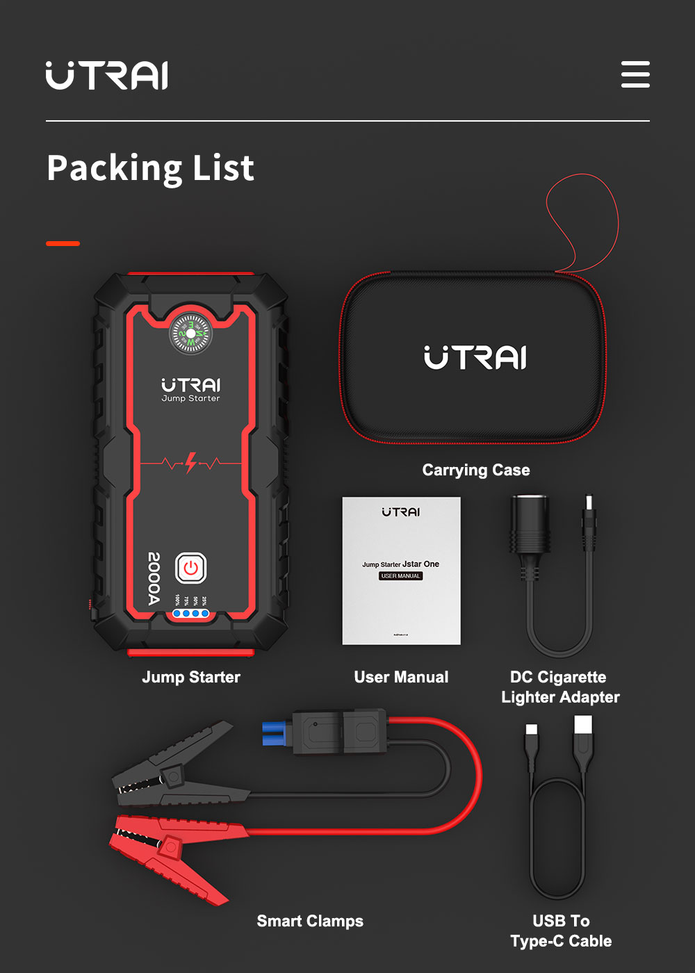 UTRAI Jstar One 22000mAh 2000A Jump Starter, Battery Charger Jump Pack with USB Quick Charge, Built-in Compass LED Light