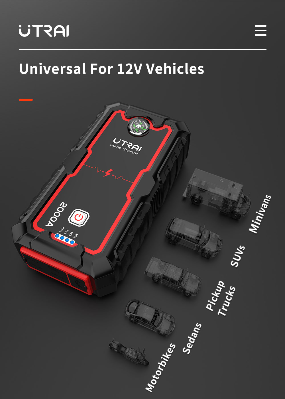 UTRAI Jstar One 22000mAh 2000A Jump Starter, Battery Charger Jump Pack with USB Quick Charge, Built-in Compass LED Light