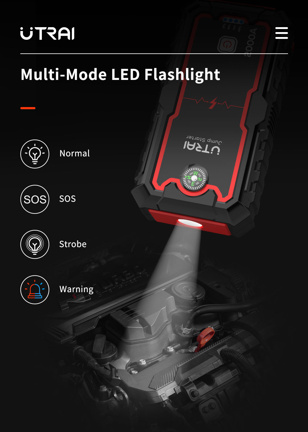 UTRAI Jstar One 22000mAh 2000A Jump Starter, Battery Charger Jump Pack with USB Quick Charge, Built-in Compass LED Light