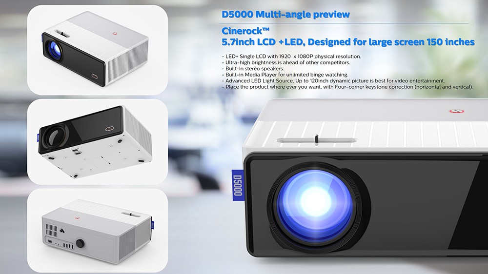 VIVIBRIGHT D5000 LCD+LED Projector, 420ANSI, 1920x1080 Pixels, 6000 Led Lumens, EU Adapter -  Android 9.0