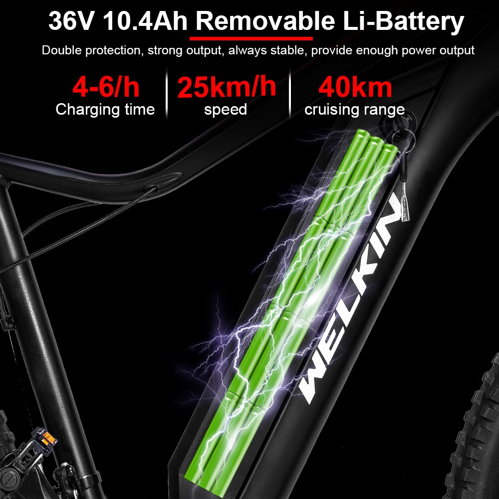 WELKIN WKEM001 Electric Bicycle 350W Brushless Motor 36V 10.4Ah Battery 27.5*2.25'' Tires Mountain Bike - Black