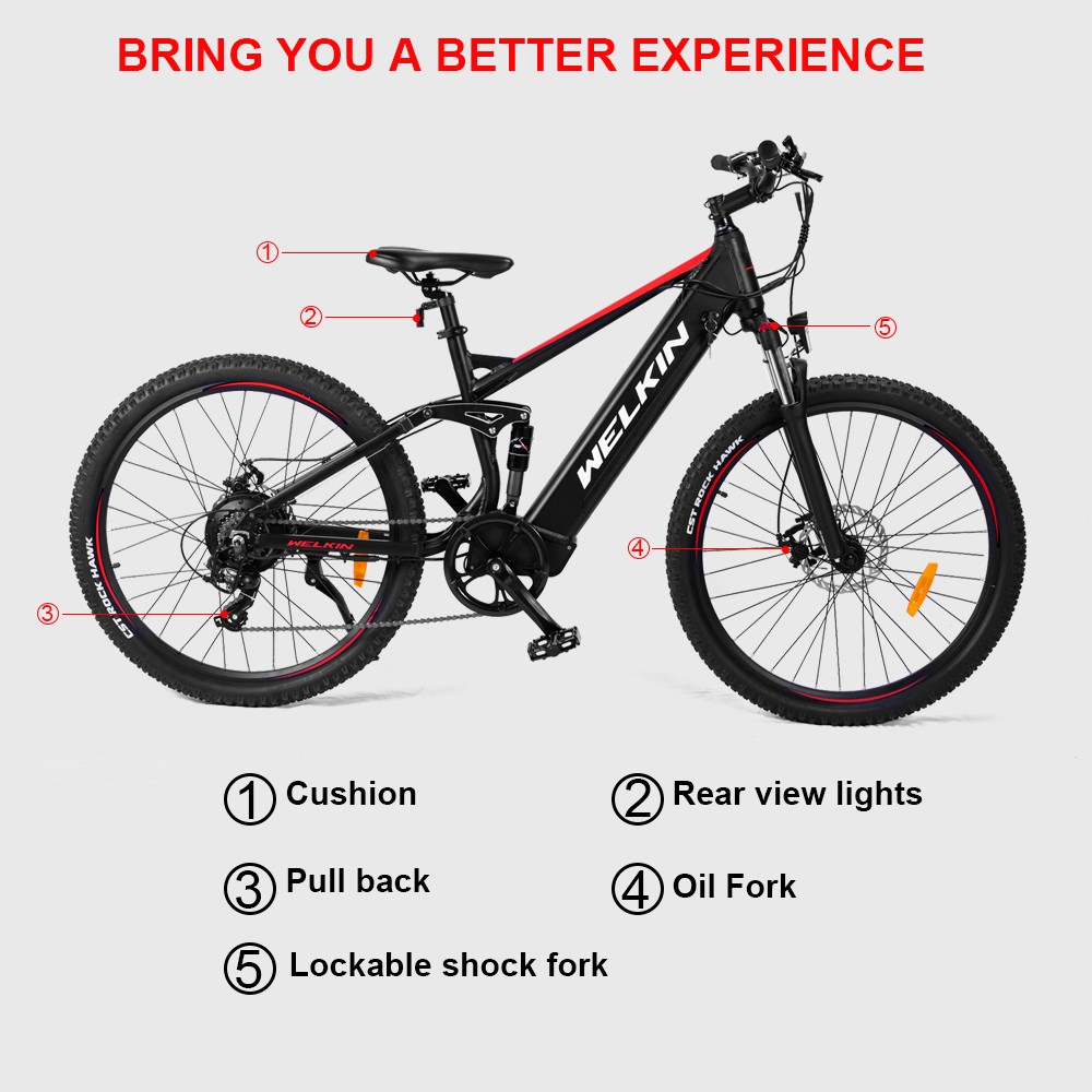 WELKIN WKES002 Elektrický bicykel 350W bezkartáčový motor 48V 10Ah batéria 27,5*2.25'' pneumatiky Horský bicykel - čierny & červený