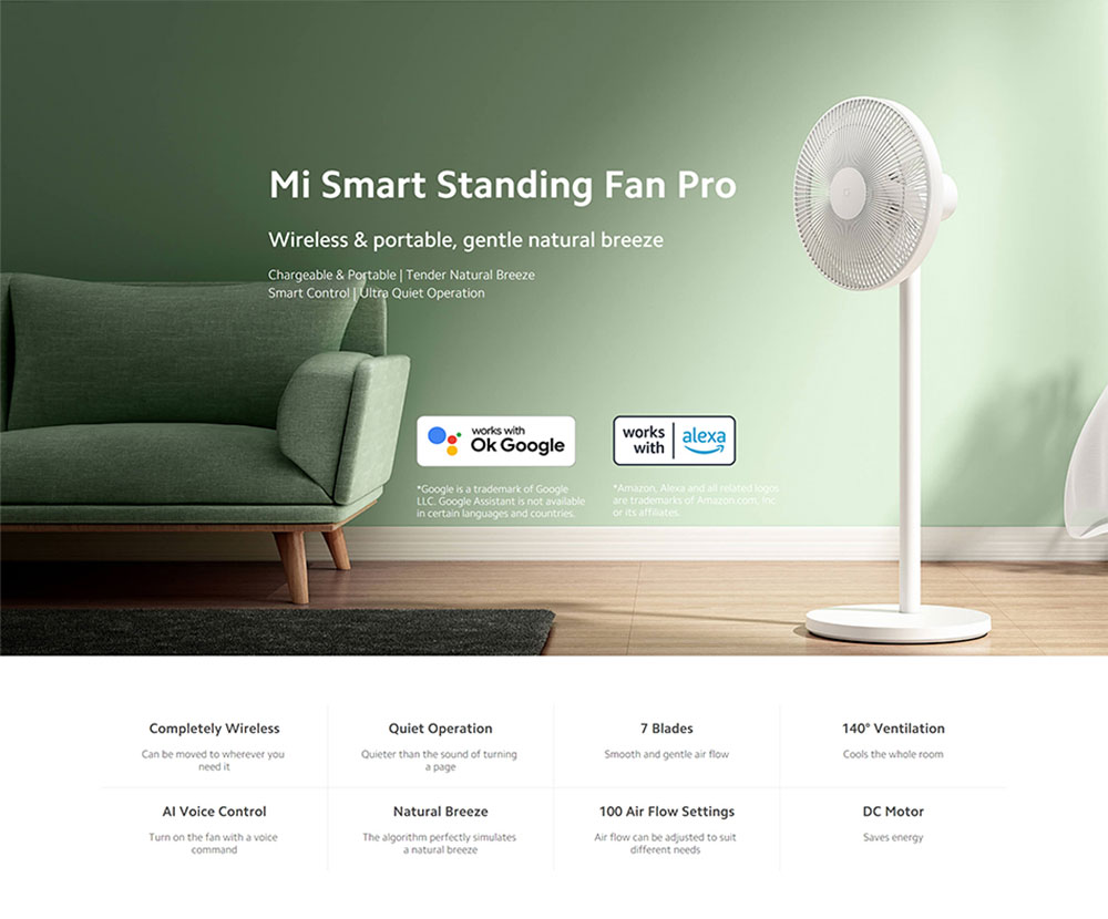 Xiaomi Mi Smart Standing Fan Pro, 24W Wireless Cooling Pedestal Fan, 7 Blades Floor Fan, DC Motor, AI Voice Control