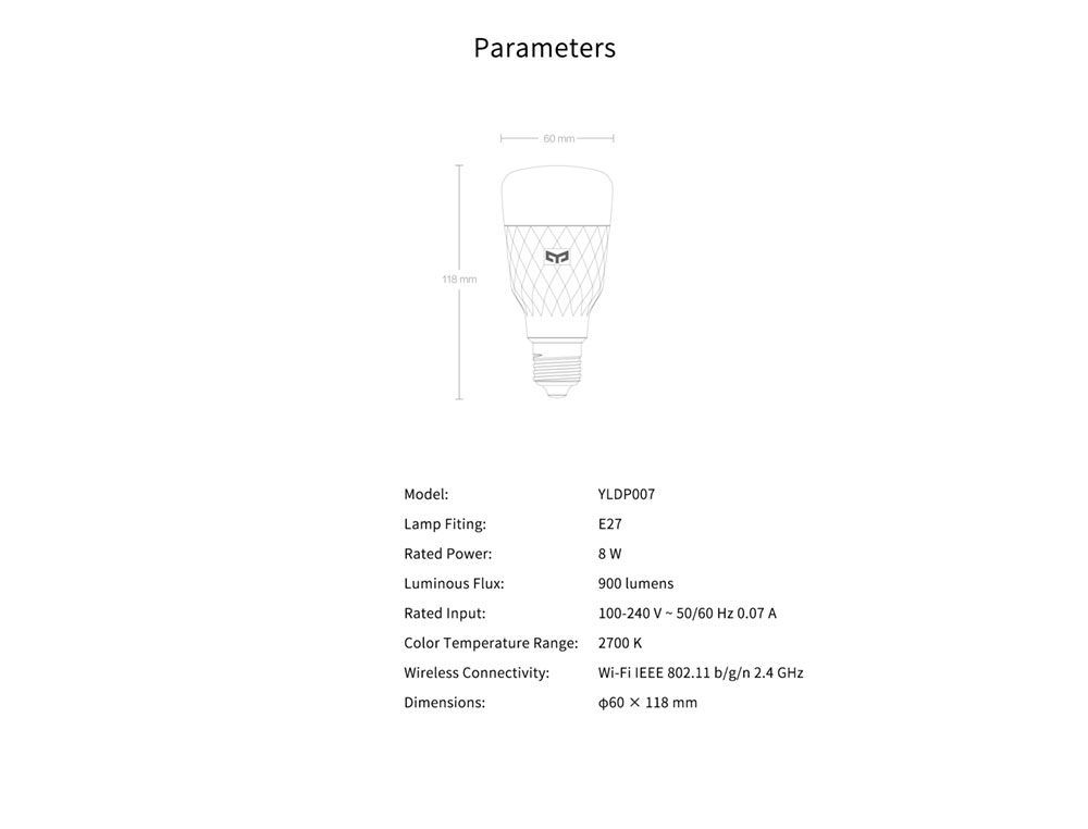 Yeelight YLDP007 8W Smart LED Bulb, W3 Dimmable, 900 Lumens, 2700K Warm Light, Voice/APP Control