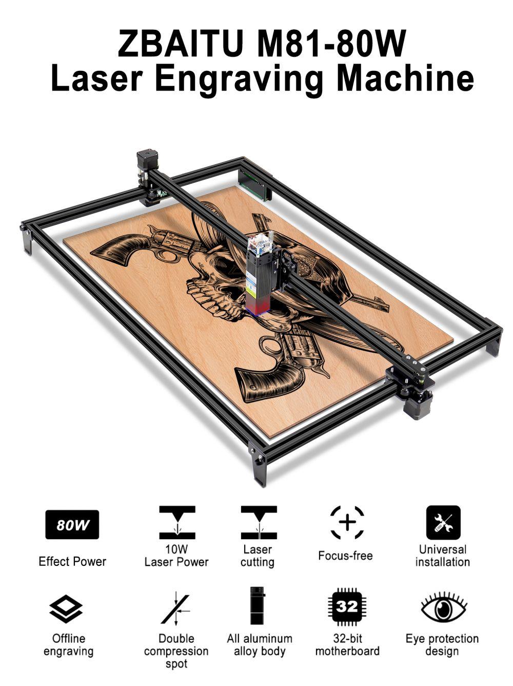 ZBAITU M81 10W CNC Laser Engraver, 0.08mm Compressed Spot, Focus Free, Offline Engraving, Cuts 10mm Wood in One Pass, 460*810mm