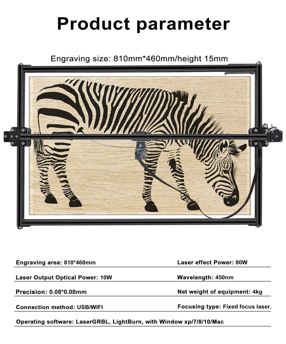 ZBAITU M81 10W CNC Laser Engraver, 0.08mm Compressed Spot, Focus Free, Offline Engraving, Cuts 10mm Wood in One Pass, 460*810mm