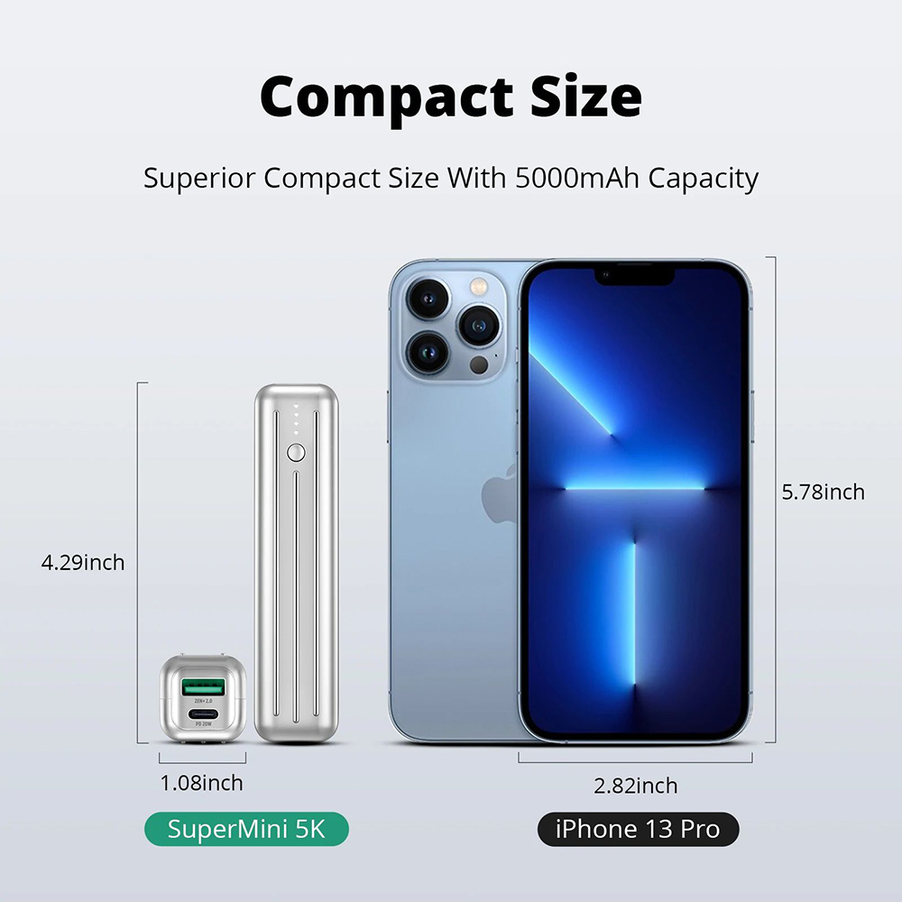 ZENDURE SuperMini 5K 5000mAh/20W Portable Power Bank, X-Charge Mode Charge Battery Bank, Pass-Through Charging - Silver