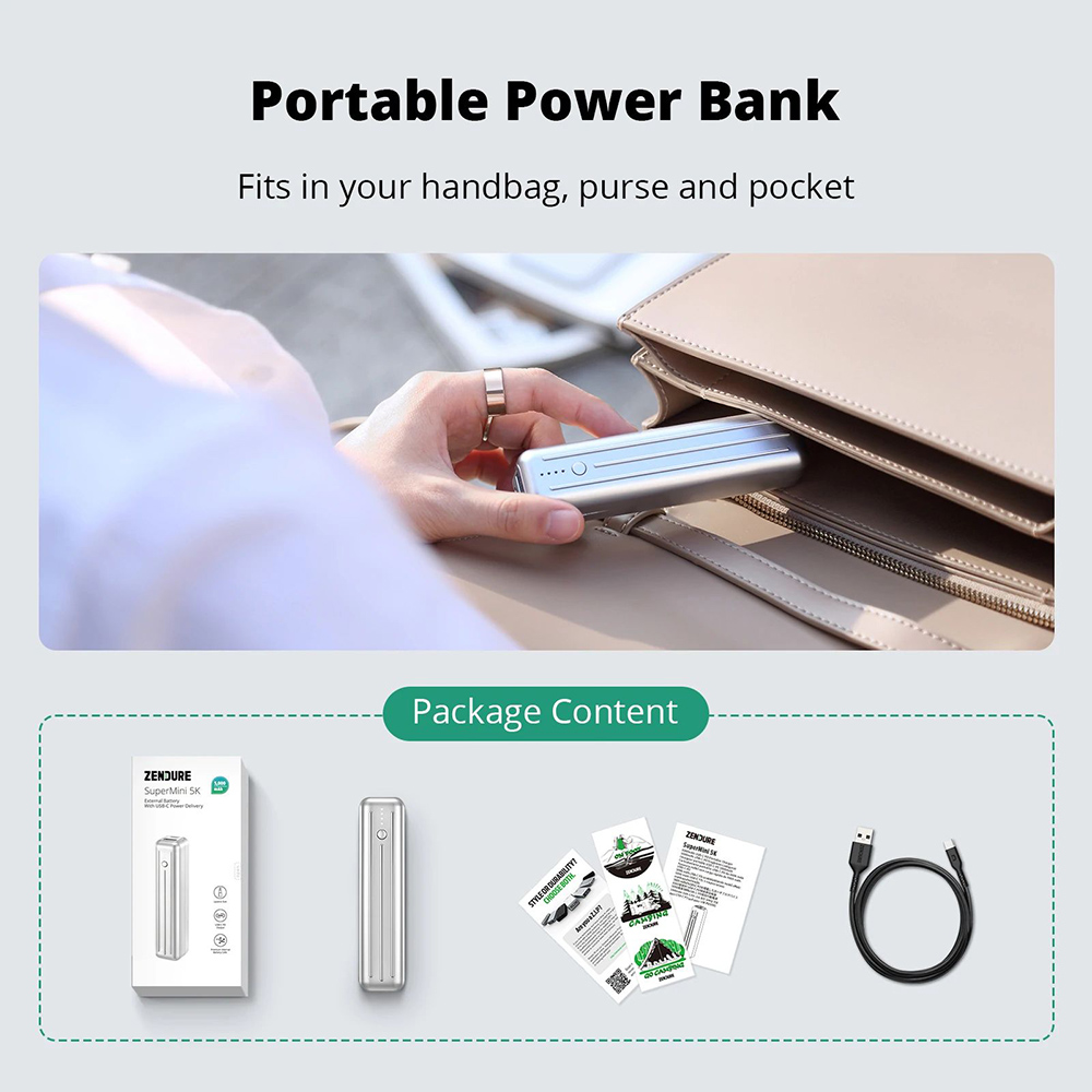 ZENDURE SuperMini 5K 5000mAh/20W Portable Power Bank, X-Charge Mode Charge Battery Bank, Pass-Through Charging - Silver