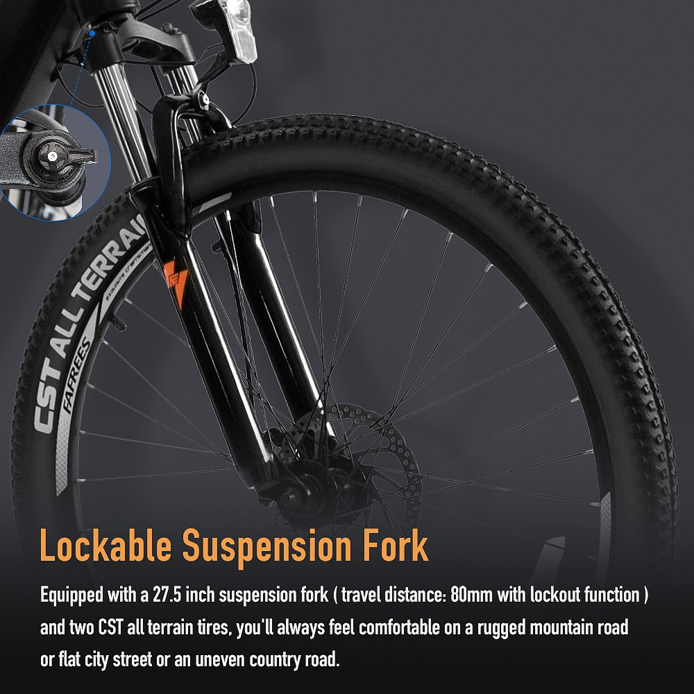 FAFREES 27.5-S Inch Electric Bike 250W with 36V 10Ah Lithium-ion Battery Shimano 7 Speed Gears - Black Orange 17 FAFREES 27.5-S Inch Electric Bike 250W with 36V 10Ah Lithium-ion Battery Shimano 7 Speed Gears - Black Orange