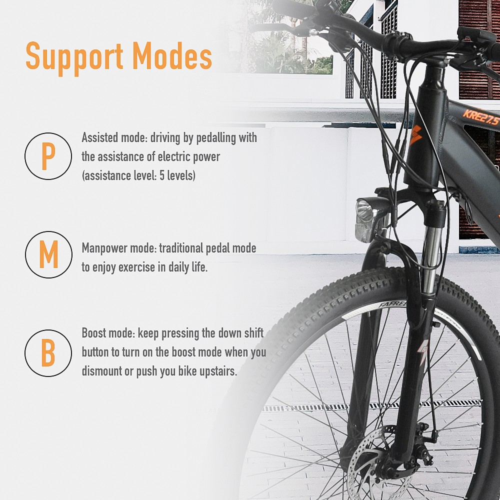 FAFREES 27.5-S Inch Electric Bike 250W with 36V 10Ah Lithium-ion Battery Shimano 7 Speed Gears - Black Orange 16 FAFREES 27.5-S Inch Electric Bike 250W with 36V 10Ah Lithium-ion Battery Shimano 7 Speed Gears - Black Orange
