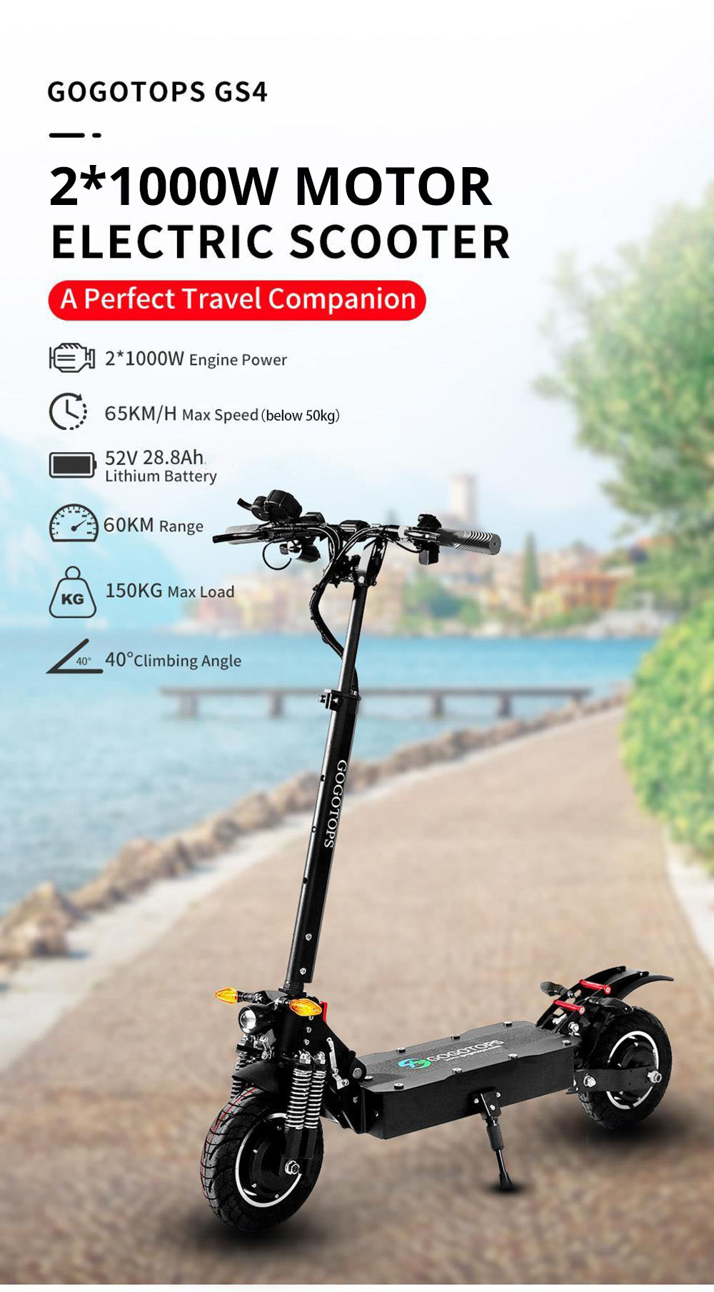 Gogotops GS4 Road Electric Scooter 10 Inch 1000W*2 Dual Motor 52V 28.8Ah Battery 60km Range 65km/h Max Speed 150kg Load