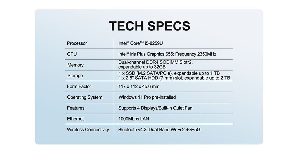 GEEKOM Mini IT8 MiNi PC intel 8th Gen Core i5-8259U 8GB RAM 512GB SSD WIFI 5 Gigabit LAN HDMI DP