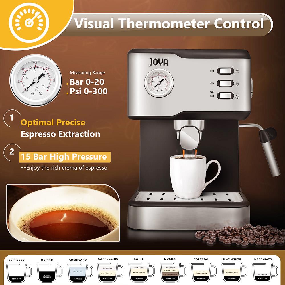JOYA CM1686E Household Coffee Maker 950W 1.5L Semiautomatic 20 Bar Stainless Steel Espresso Coffee Machine Cup Warmer - Black
