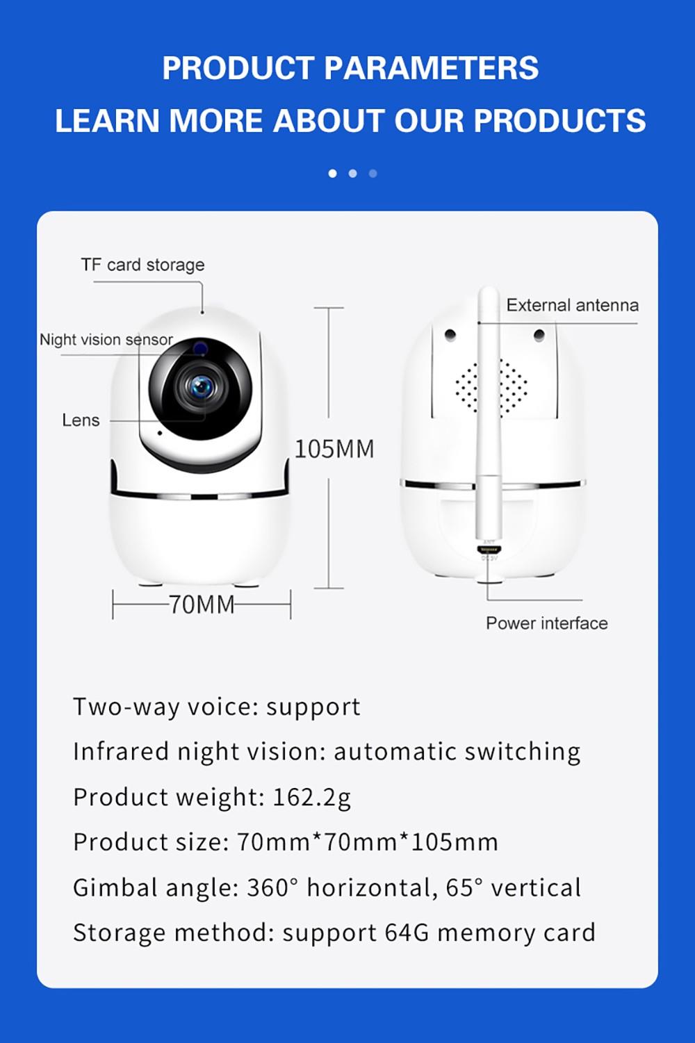 360 Degree Rotatable 1080p HD Camera, WiFi Wireless Smart Night Vision Camera, 2-way Voice AP Connection - US Plug