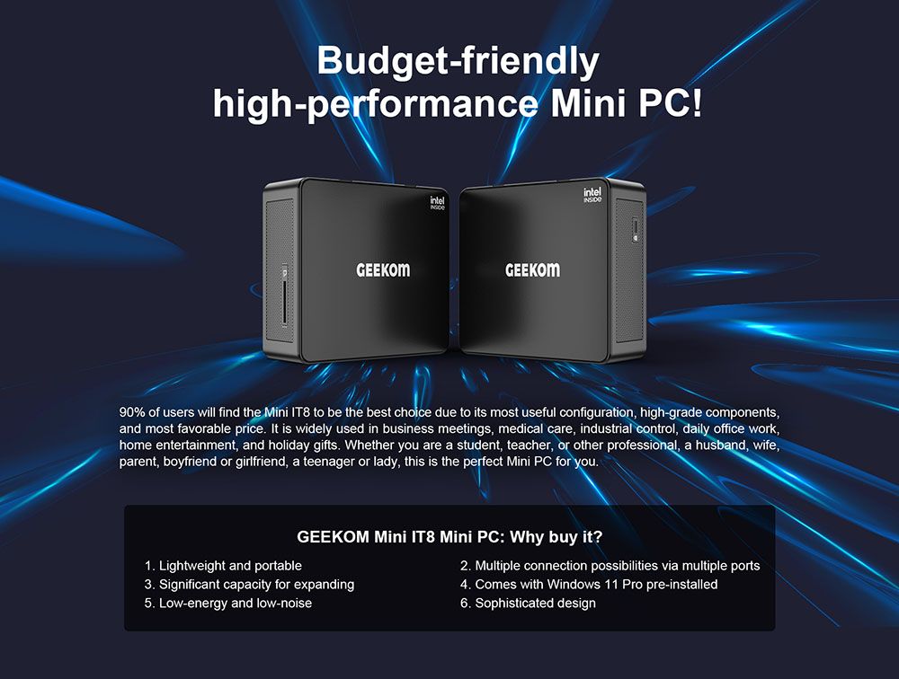 GEEKOM Mini IT8 MiNi PC intel 8th Gen Core i5-8259U 8GB RAM 512GB SSD WIFI 5 Gigabit LAN HDMI DP