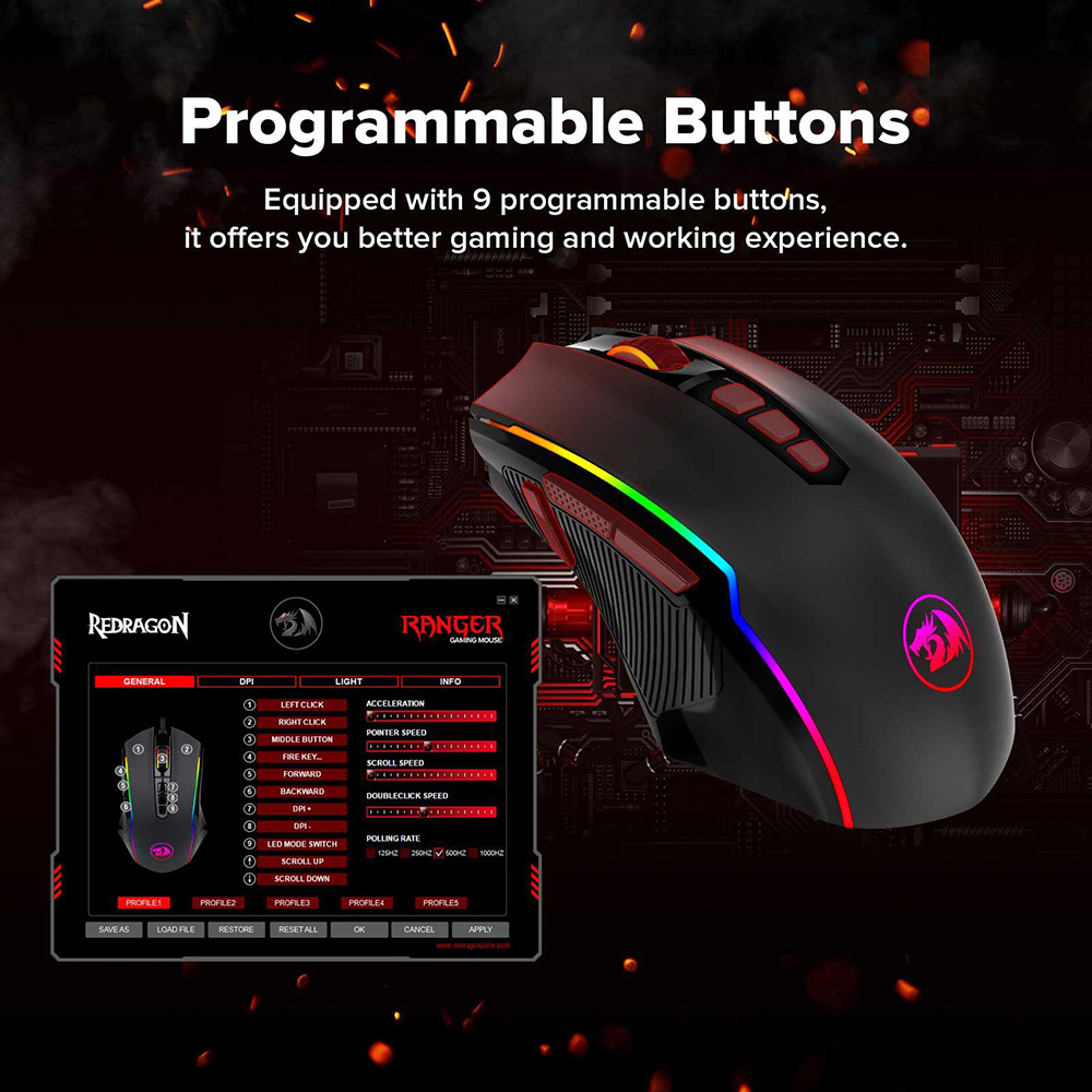 Redragon M910-KS RANGER LITE RGB 2.4G Wireless/Wired Double Modes Gaming Mouse 8000 DPI with Rapid Fire Buttons - Black