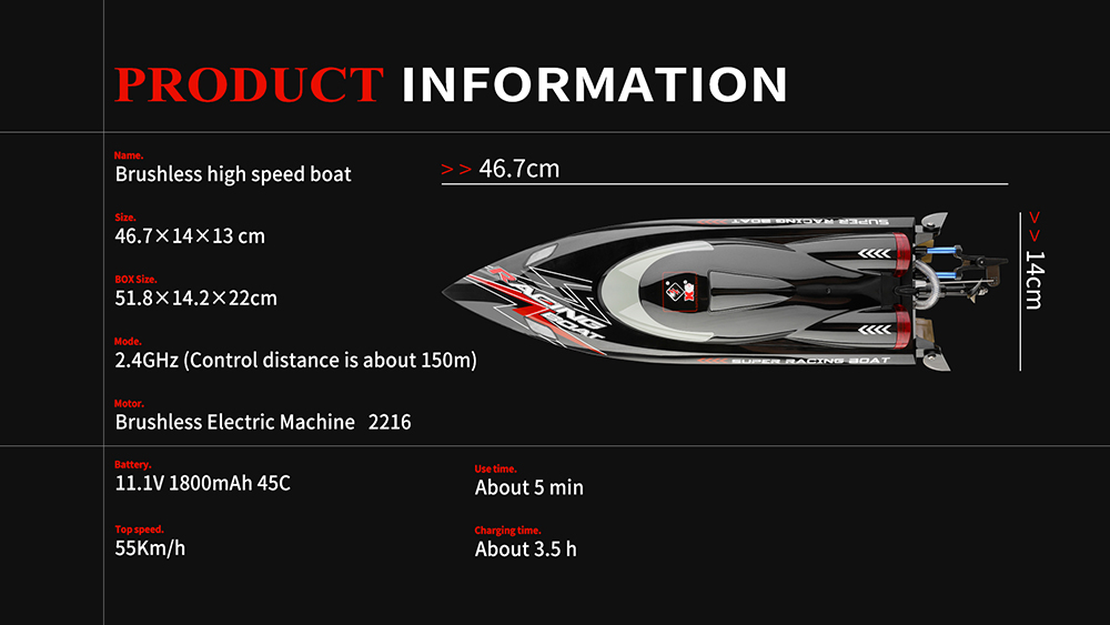 WLtoys WL916 High Speed 2.4G RC Boat Brushless Motor Racing Boat 60km/h Ship Toys for Kids Black - Two Batteries