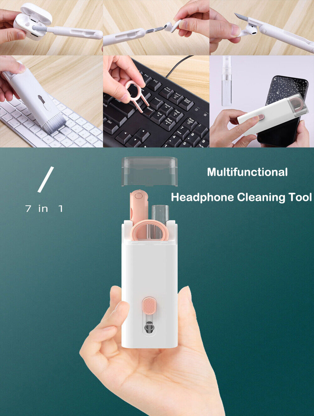 7 in 1 Computer Keyboard Cleaner Brush Kit, Earphone Cleaning Pen Keycap Puller Dust Remover Tool Kit - Pink