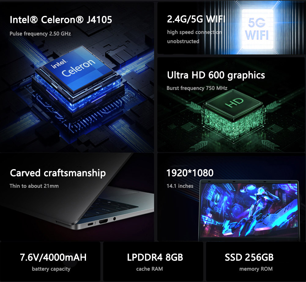 KUU XBOOK-2 Laptop 14.1 inch Intel Gemini Lake J4105 8GB RAM 256GB SSD 1080P IPS WiFi Bluetooth Windows 11 Pro