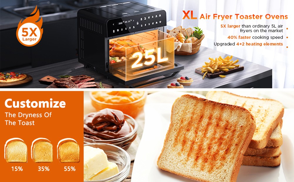 Calmdo CD-AF25EU 12 in 1 Smart Air Fryer Toaster Oven 25L Extra-Large 1800W 12 Preset Functions with 4-layer Grill LED Digital Touch Screen - Black