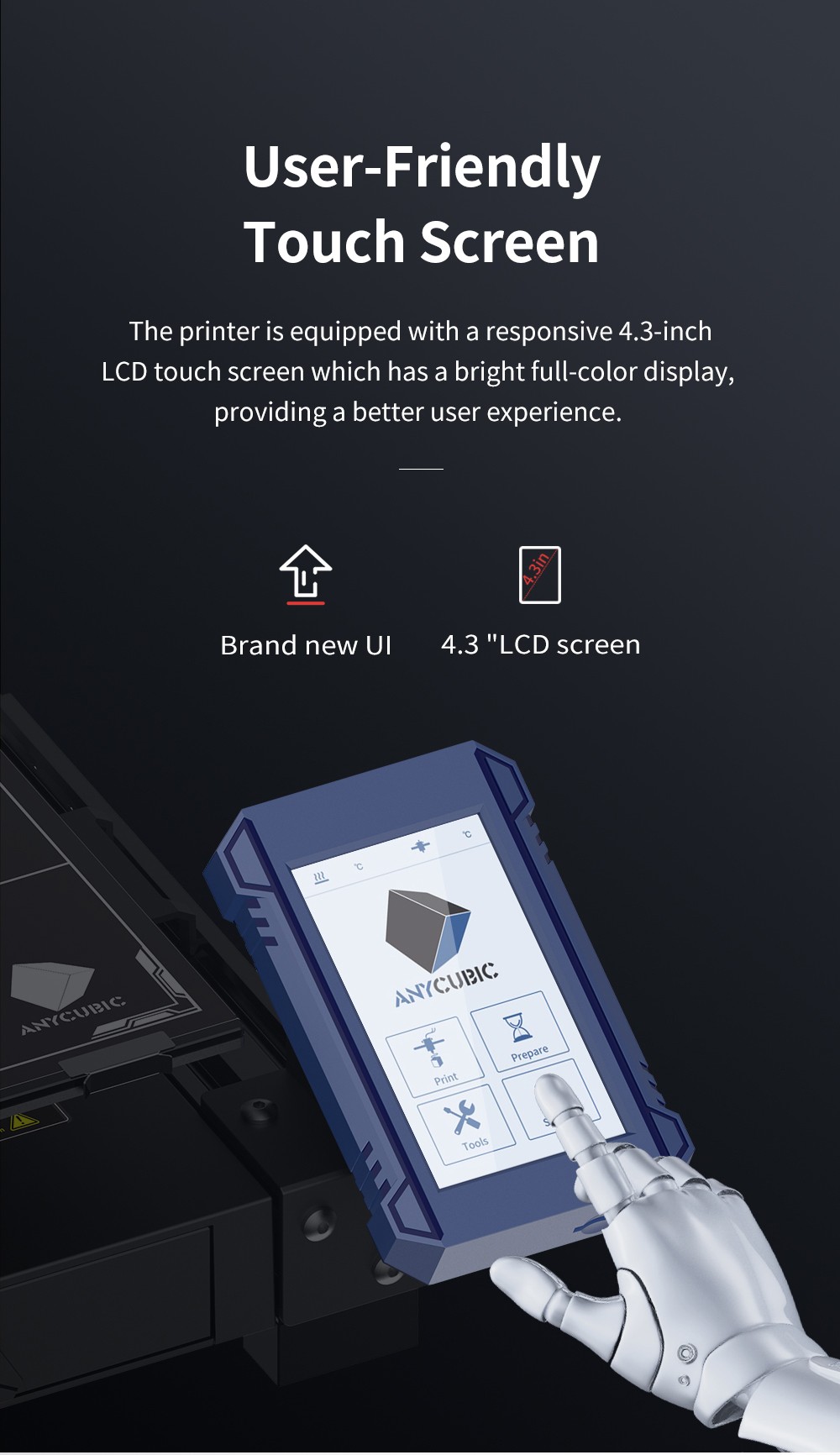 Imprimante 3D Anycubic Kobra Plus,  mise à niveau automatique 25 points,  extrudeuse Bowden,  écran 4.3 pouces,  vitesse 180 mm/s,  350 x 300 x 300 mm