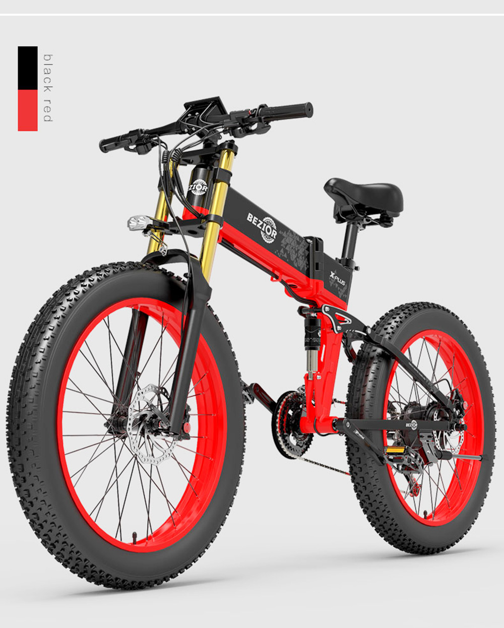 BEZIOR X-PLUS Elektrobicykel 1500W Motor 48V 17,5Ah Batéria 26*4.0 Pneumatiky Horský bicykel 40 km/h Maximálna rýchlosť 200 kg záťaže - červený