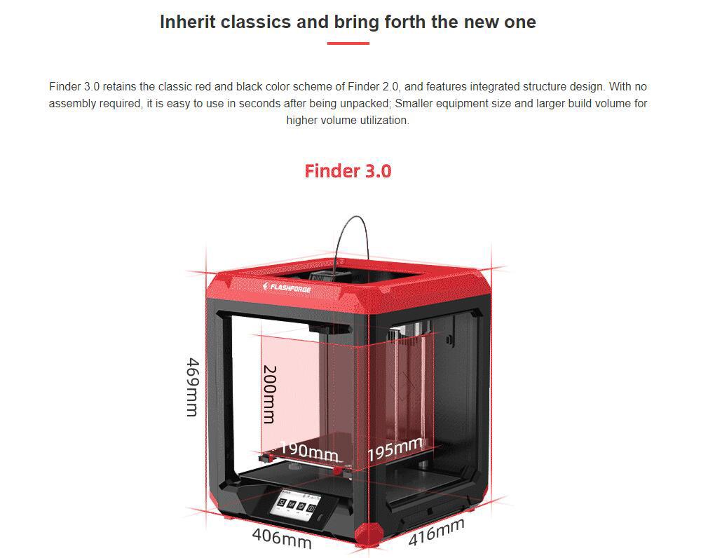 Flashforge Finder 3 3D Printer with Direct Drive Extruder, Assisted Leveling, 0.2mm Precision, 4.3-inch Screen, 190x195x200mm