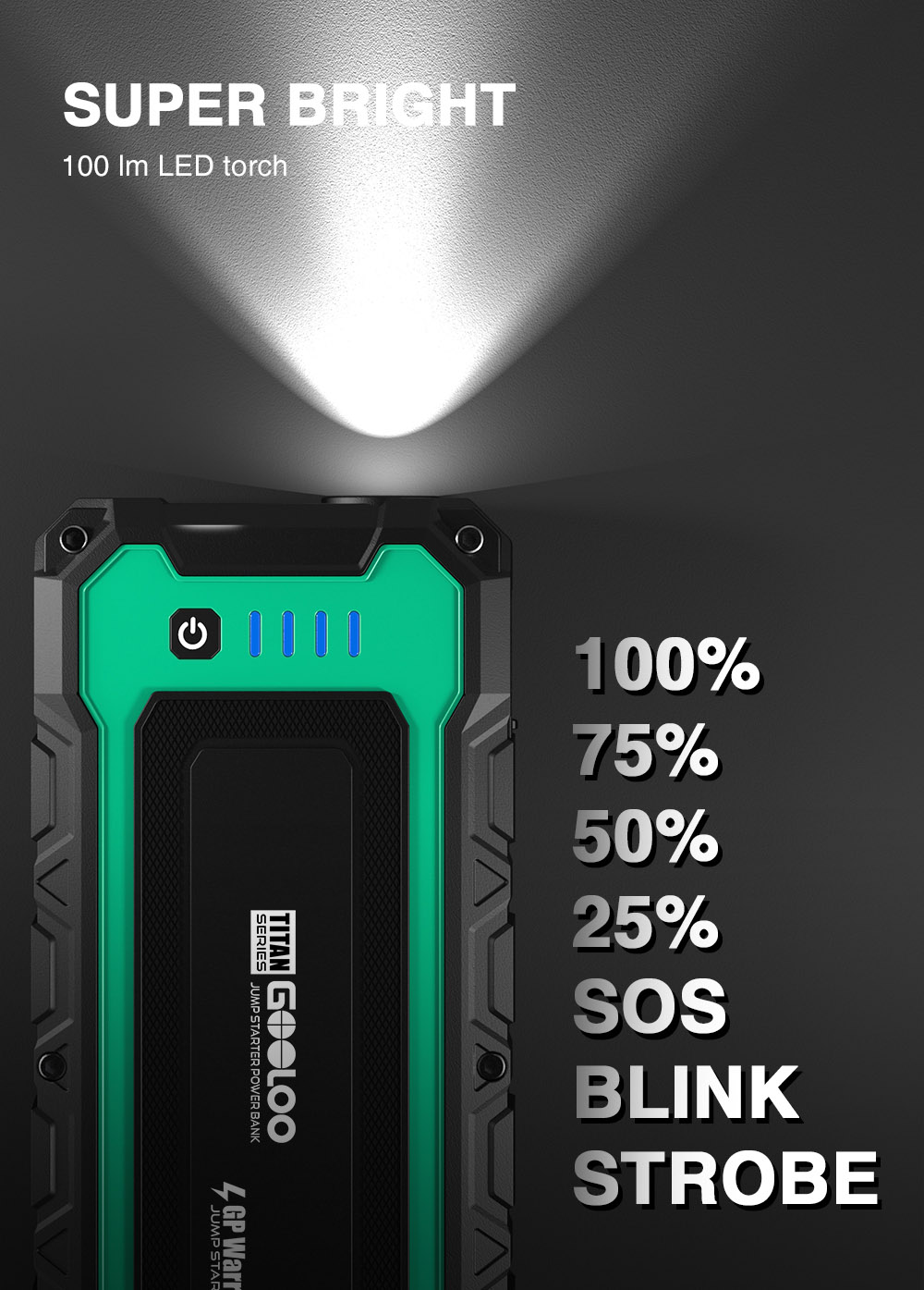 GOOLOO GP WARRIOR Jump Starter, 2000A Peak Car Starter, 12V Jump Box, Auto Lithium Battery Booster, 20800mAh Power Pack - Green