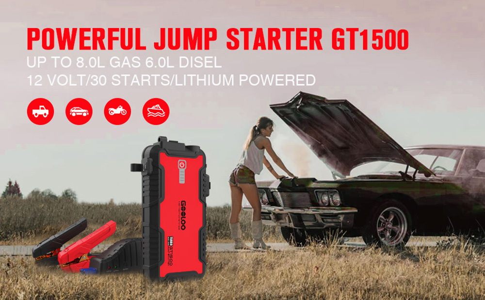 GOOLOO GT1500 Jump Starter, 1500A Peak Car Starter, 12V Portable Waterproof Power Pack, Auto Battery Booster, LED Light - Green