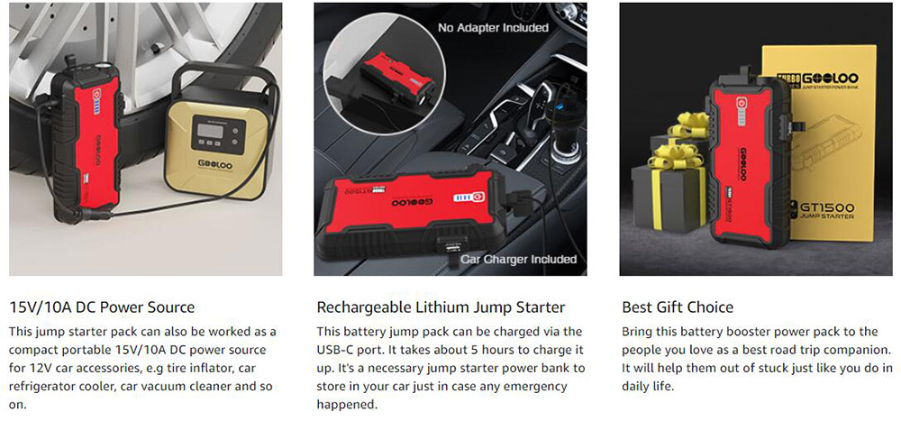 GOOLOO GT1500 Jump Starter, 1500A Peak Car Starter, 12V Portable Waterproof Power Pack, Auto Battery Booster, LED Light - Green