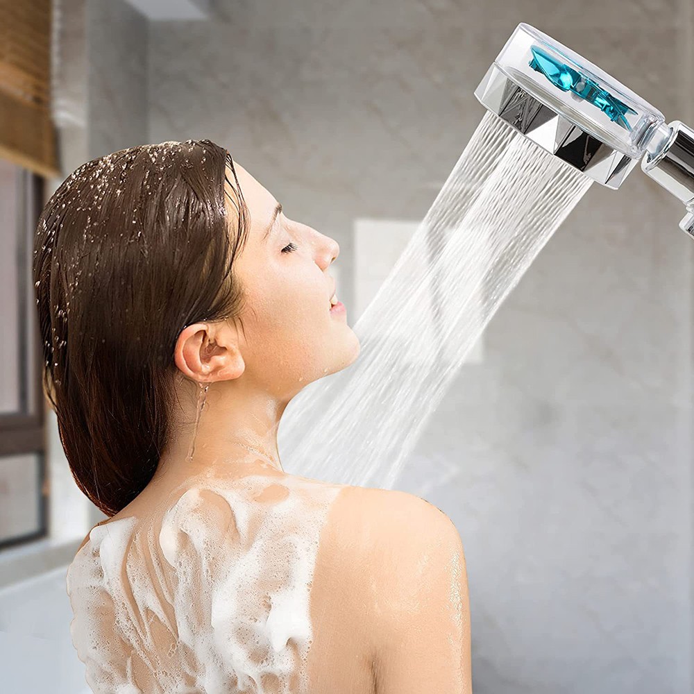 Handheld Turbocharged Shower Head with 3 Filters, High-Pressure Water Saving Home Bath Turbo Fan Shower Kit - Blue + Silver