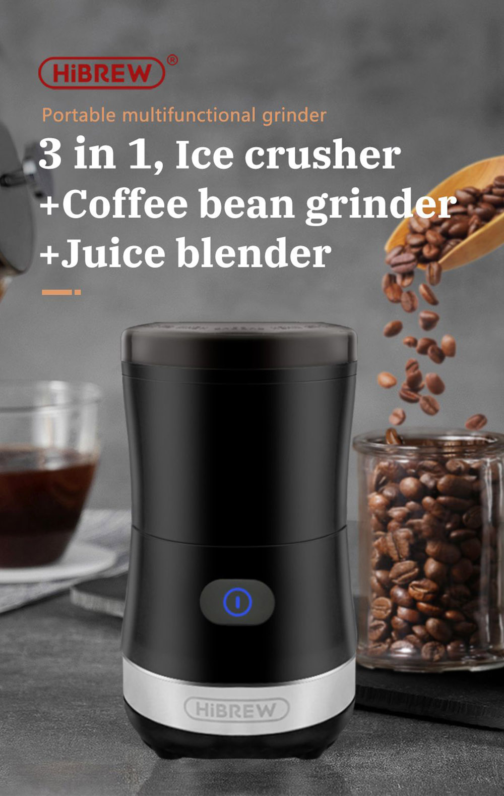 HiBREW 70W Portable Coffee Bean Grinder Blender, DC 5V USB Rechargeable Coffee Grinding Machine, 350ml Single Cup