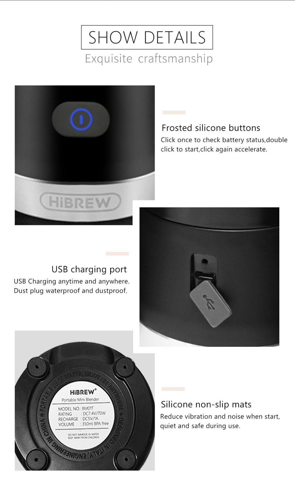 HiBREW 70W Portable Coffee Bean Grinder Blender, DC 5V USB Rechargeable Coffee Grinding Machine, 350ml Single Cup