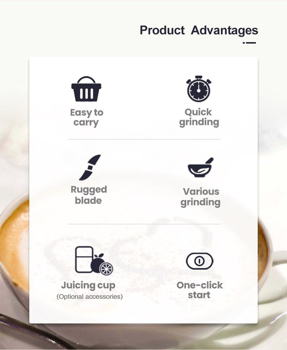 HiBREW 70W Portable Coffee Bean Grinder Blender, DC 5V USB Rechargeable Coffee Grinding Machine, 350ml Single Cup