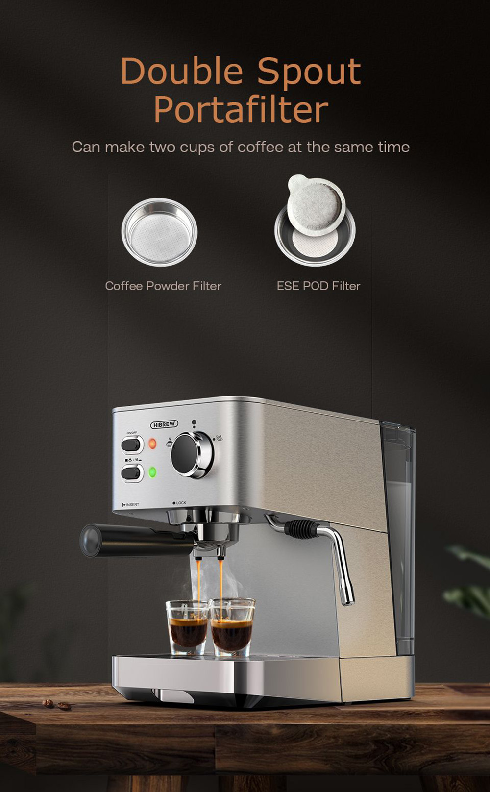HiBREW H10 1050W Coffee Maker, 20 Bar Semi-Auto Coffee Machine, ESE Pod/Ground Coffee Espresso Maker, 1.5L Capacity