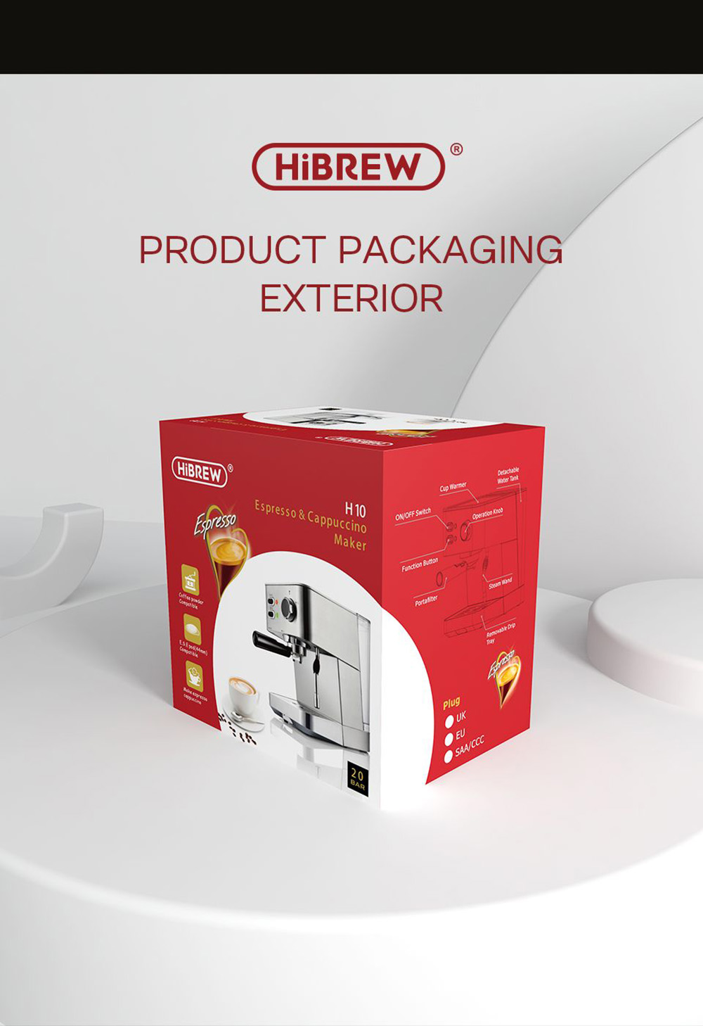 HiBREW H10 1050W Coffee Maker, 20 Bar Semi-Auto Coffee Machine, ESE Pod/Ground Coffee Espresso Maker, 1.5L Capacity