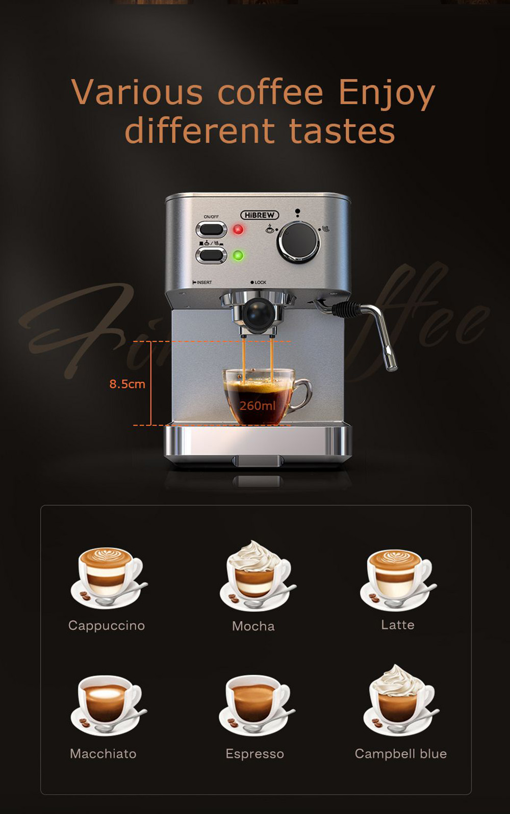 HiBREW H10 1050W Coffee Maker, 20 Bar Semi-Auto Coffee Machine, ESE Pod/Ground Coffee Espresso Maker, 1.5L Capacity