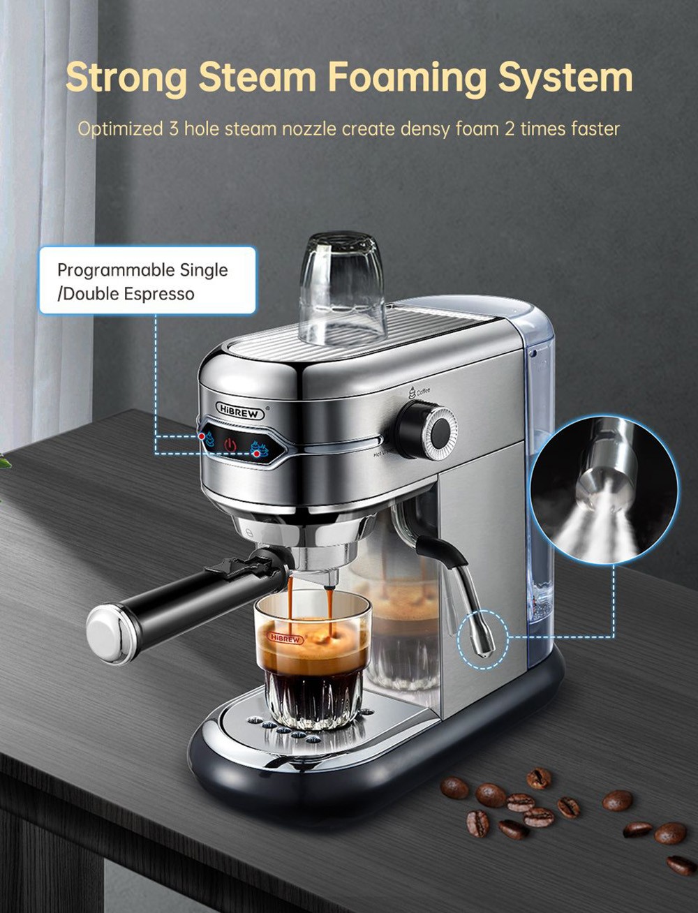 HiBREW H11 1450W Coffee Maker with Latte Cup, 19 Bar Semi Auto Espresso Machine, ESE POD Powder Dual Use, Hot Water