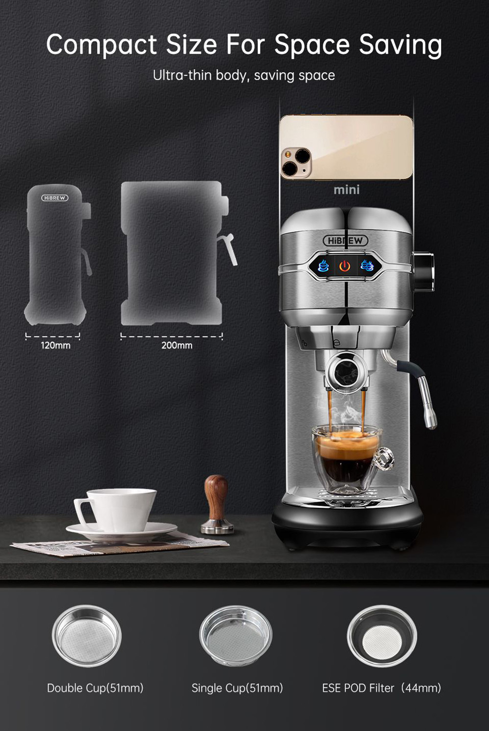 HiBREW H11 1450W Coffee Maker with Latte Cup, 19 Bar Semi Auto Espresso Machine, ESE POD Powder Dual Use, Hot Water