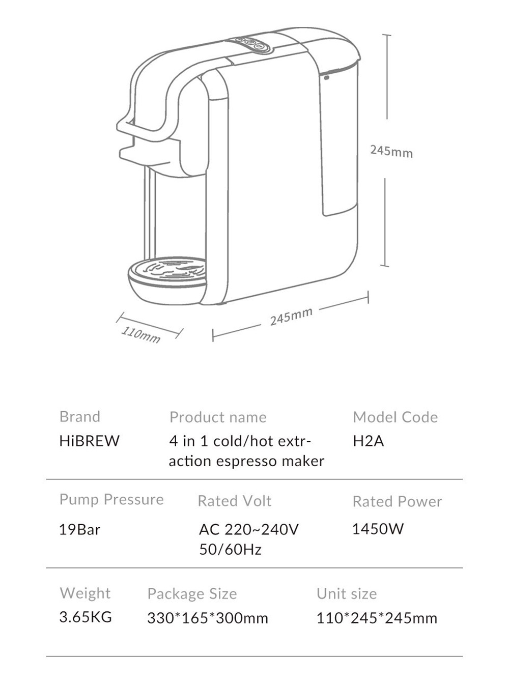 HiBREW H2A 1450W Espresso Coffee Machine, 19 Bar Extraction, Hot/Cold 4-in-1 Multiple Capsule Coffee Maker - Black