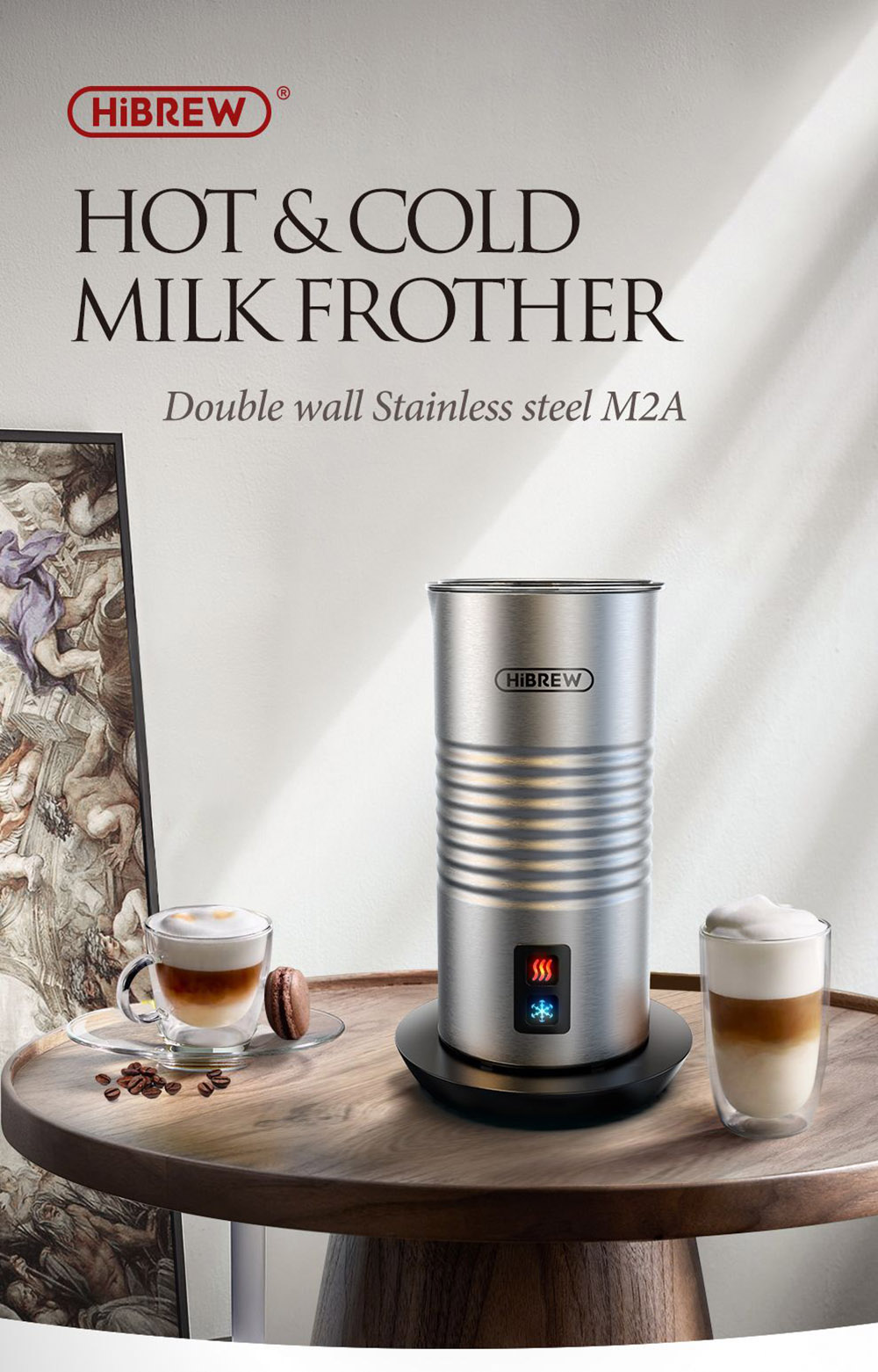 HiBREW M2A 500W Milk Frother Foaming Machine, Cold/Hot Latte Cappuccino, 2 Whisks, Fully Automatic Milk Warmer