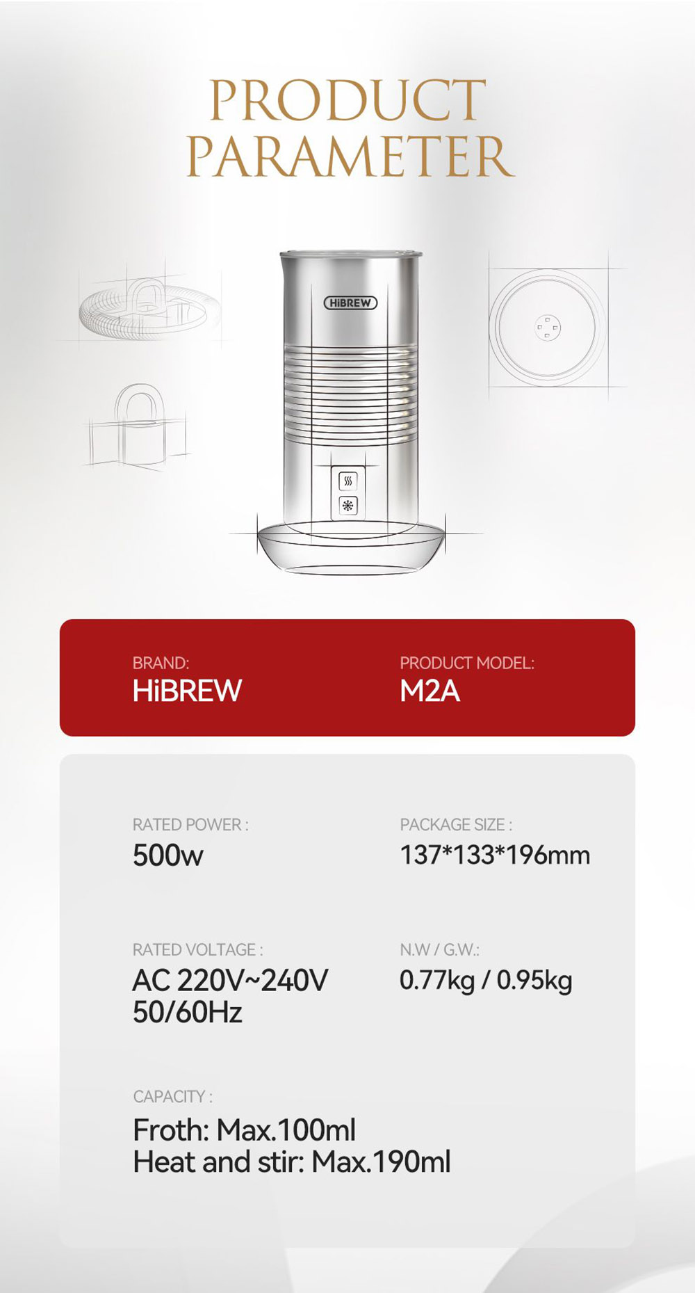 HiBREW M2A 500W Milk Frother Foaming Machine, Cold/Hot Latte Cappuccino, 2 Whisks, Fully Automatic Milk Warmer