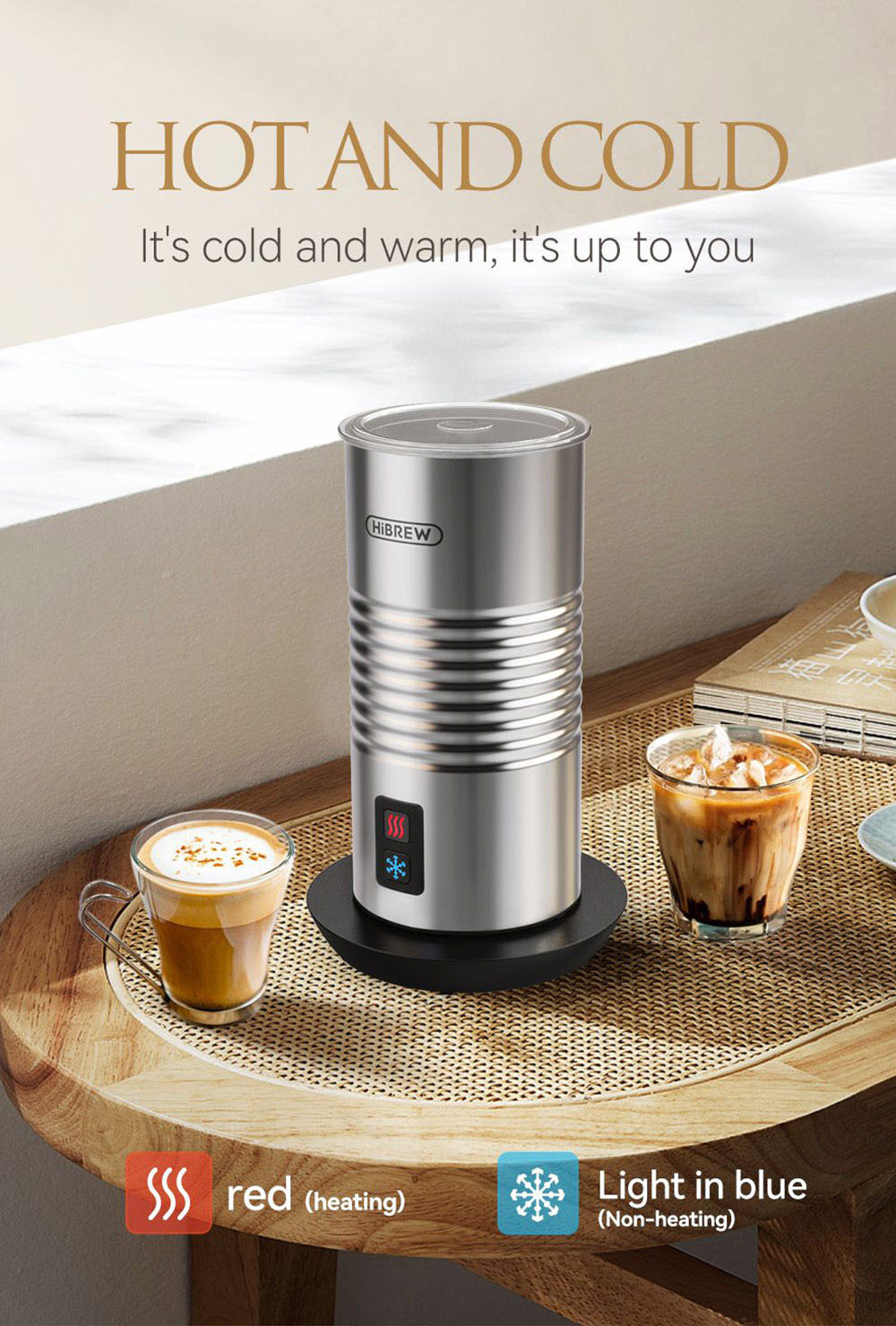 HiBREW M2A 500W Milk Frother Foaming Machine, Cold/Hot Latte Cappuccino, 2 Whisks, Fully Automatic Milk Warmer