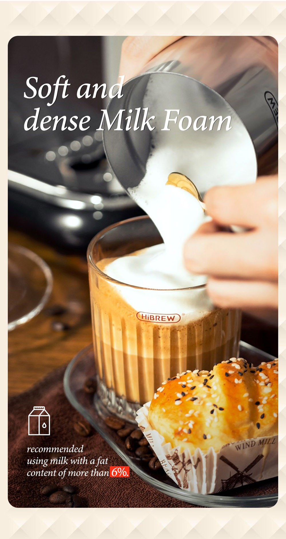 HiBREW M2A 500W Milk Frother Foaming Machine, Cold/Hot Latte Cappuccino, 2 Whisks, Fully Automatic Milk Warmer