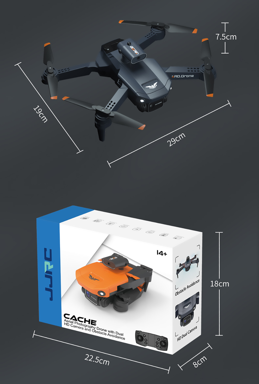 JJRC H106 Foldable RC Drone with All-Round Obstacle Avoidance Function Quadcopter with Two Cameras - Black