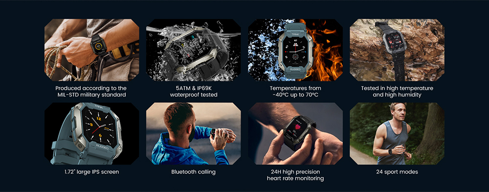 KOSPET TANK M1 PRO Smartwatch 1.72'' Large IPS Screen, 24 Sport Modes, 24H Heart Rate, 5ATM & IP69K Waterproof