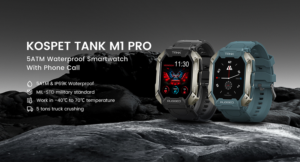 KOSPET TANK M1 PRO Smartwatch 1.72'' Large IPS Screen, 24 Sport Modes, 24H Heart Rate, 5ATM & IP69K Waterproof